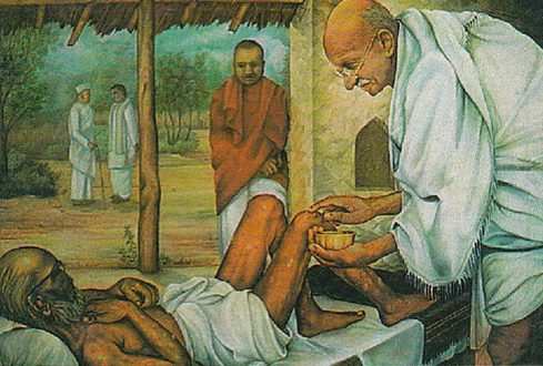 Painting of Mahatma Gandhi caring for a sick man