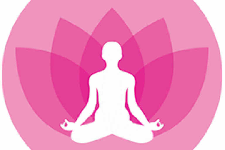 White figure meditating on a pink lotus