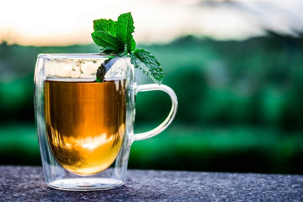 Glass cup of herbal tea with a sprig of mint